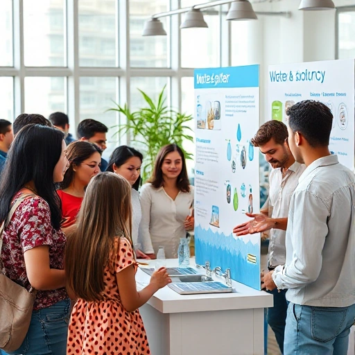 A group of diverse people in a modern community setting learning about water conservation through interactive displays showing water-saving techniques like fixing leaks, using low-flow fixtures, and collecting rainwater, with visual aids such as infographics on water usage and sustainable practices, all in a clean, educational, and uplifting atmosphere
