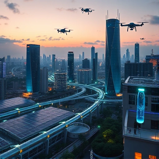 A futuristic cityscape at dusk with sleek, translucent water towers and floating solar panels, a network of transparent pipelines glowing with bioluminescent light, drones delivering water to rooftop gardens, and citizens using smart water bottles that display real-time hydration levels, all rendered in a clean, high-resolution style