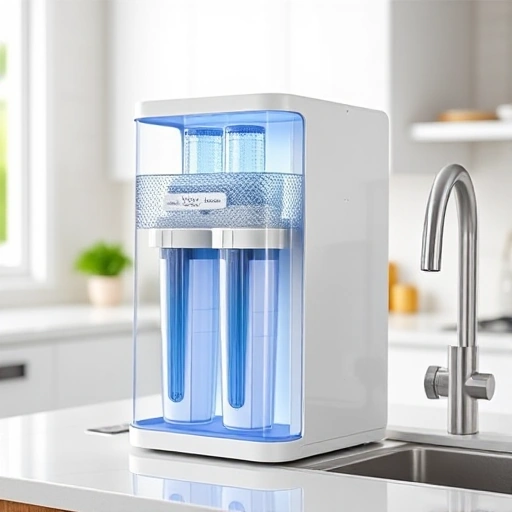 A modern, sleek home water filtration unit on a kitchen counter, featuring a clear water flow through a multi-stage filter with visible layers of activated carbon, ceramic, and UV light, a faucet dispensing crystal‑clear water, all set in a bright, clean kitchen environment.