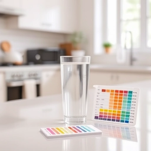 A modern kitchen with a clear glass of water on the counter, a water testing kit with test strips and a color chart nearby, soft natural light from a window, clean and tidy environment, focus on water quality testing in a home setting