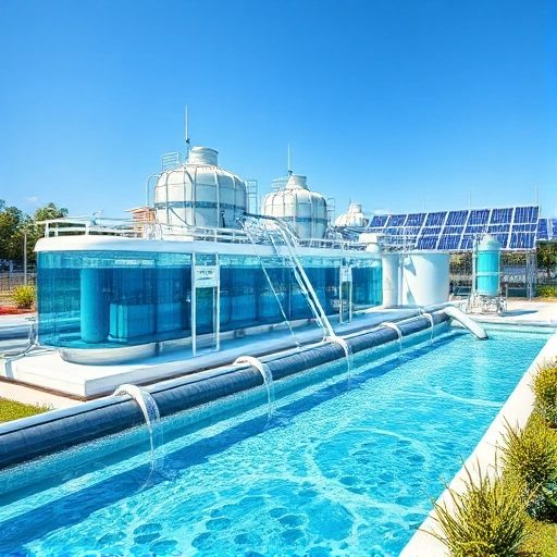 A modern water treatment facility with advanced filtration systems, UV disinfection units, and membrane bioreactors, showing clean water flowing through transparent pipes, surrounded by green landscaping and solar panels, under a clear blue sky, realistic high-detail rendering