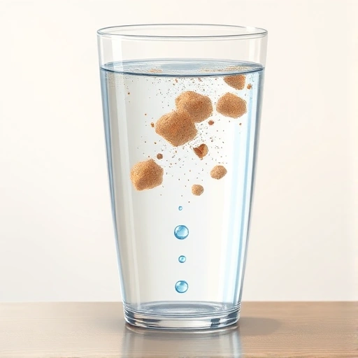 A clear glass of water with visible mechanical impurities like sand, rust particles, and small debris suspended in it, being filtered through a simple mechanical filter made of layered mesh and cotton, with clean water dripping out below into another container, soft natural lighting, realistic detail, educational illustration style