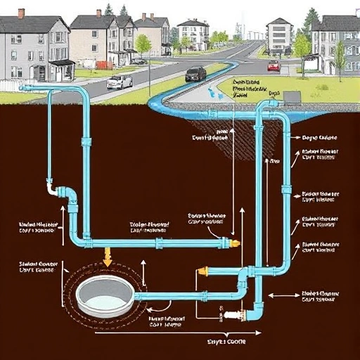A detailed technical illustration of a wastewater drainage system planning, showing pipes, manholes, inspection chambers, slope gradients, and connection points to municipal sewer lines, with labeled components and flow direction arrows, set in a clean urban residential or industrial site layout, no people, no text overlays, no signs, no watermarks