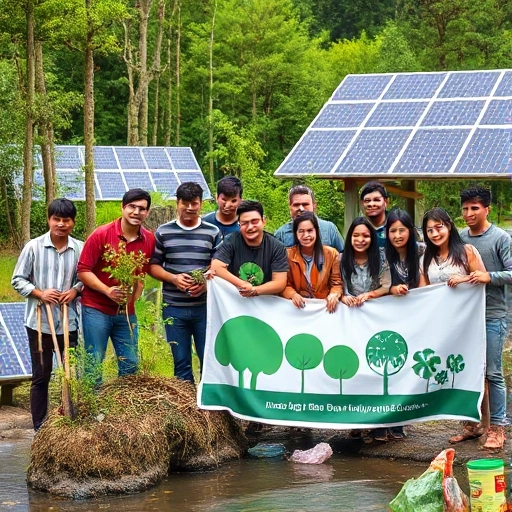 A diverse group of people from different backgrounds collaborating with environmental organizations: planting trees, cleaning a river, holding banners with nature symbols, standing in front of a lush forest and solar panels, conveying unity and ecological action