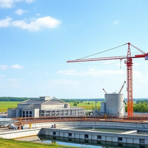 A modern wastewater treatment plant under construction, with cranes, concrete structures, pipelines, and workers in safety gear, set against a clear sky and green landscape, detailed and realistic, smallHQ style