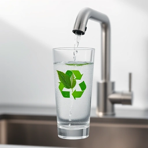 A clear glass of clean, eco-friendly water flowing from a modern kitchen faucet, with a green leaf and a recycling symbol subtly integrated into the water stream, soft natural lighting, minimalist background, high detail, photorealistic
