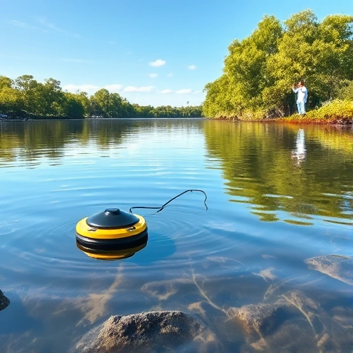 A serene river scene with clear water reflecting blue sky and green trees, showing subtle signs of water pollution monitoring such as a floating sensor device and a scientist in a lab coat taking a sample, all in a realistic, detailed style