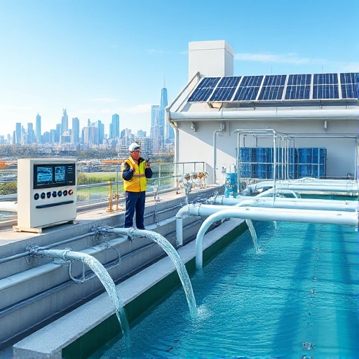 A modern water utility facility with engineers monitoring digital control panels, clean water flowing through transparent pipes, solar panels on the roof, and a city skyline in the background, symbolizing efficiency and sustainability in water management