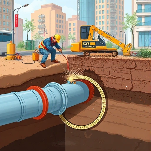 A detailed illustration of a water pipe repair process showing workers using modern equipment to fix a damaged underground water pipe, with visible soil layers, pipe cross-section, and tools like welding torches and sealants, in a realistic urban setting during daytime