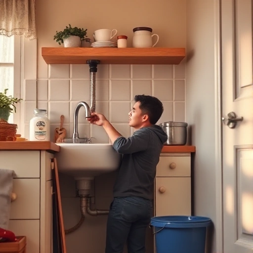 A cozy home interior with a person fixing a leaking pipe under the kitchen sink, water droplets visible, tools like a wrench and bucket nearby, soft natural lighting, realistic details, no text or signs