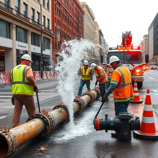 A team of workers in high-visibility vests repairing a burst water pipe on a city street, with water spraying from the break, tools like wrenches and pipe cutters visible, a utility truck with flashing lights parked nearby, traffic cones and barriers around the work zone, overcast daylight, realistic urban setting, no text or signs in the image