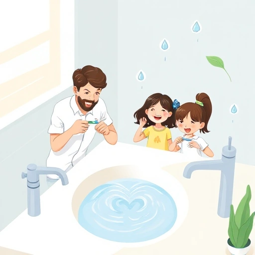 A family of four turning off the tap while brushing teeth, with water droplets forming a heart shape in the sink, soft natural lighting, eco-friendly bathroom setting, subtle water-saving tips illustrated as floating icons (like a faucet with a drop and a leaf), realistic but gentle illustration style