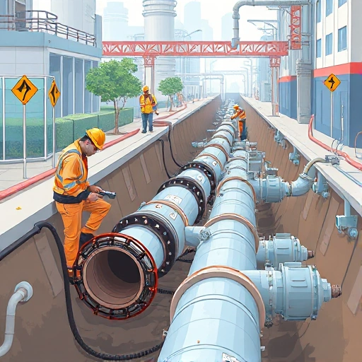 A professional illustration showing preventive maintenance of pipelines: engineers inspecting underground pipes with diagnostic tools, applying protective coatings, monitoring pressure gauges, and replacing worn sections in a clean, organized urban infrastructure setting. Include safety signs, modern equipment, and clear visual indicators of proactive care — no leaks, no damage, no chaos.