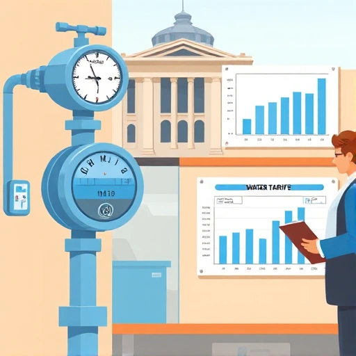 A realistic illustration of a city water utility office with a water meter, a government building in the background, a person holding a clipboard, and a bar chart of water tariffs displayed on a wall, all in a calm, professional setting