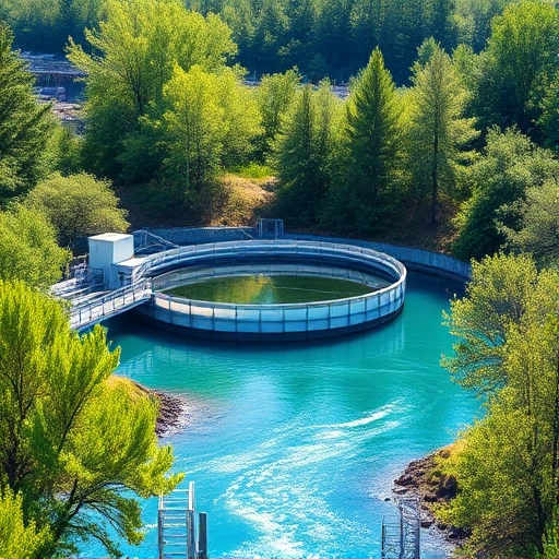A clean, modern water treatment plant surrounded by lush green trees and a clear blue river, with sunlight reflecting off the water, symbolizing harmony between ecology and water infrastructure