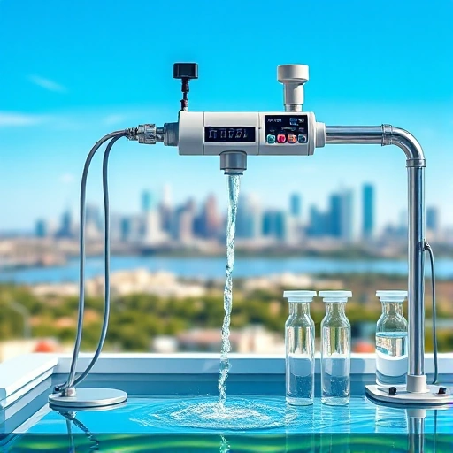 A modern water quality monitoring station with digital sensors, flowing clean water in a transparent pipe, laboratory equipment testing water samples, and a city skyline in the background under a clear blue sky, symbolizing safe and reliable water supply monitoring