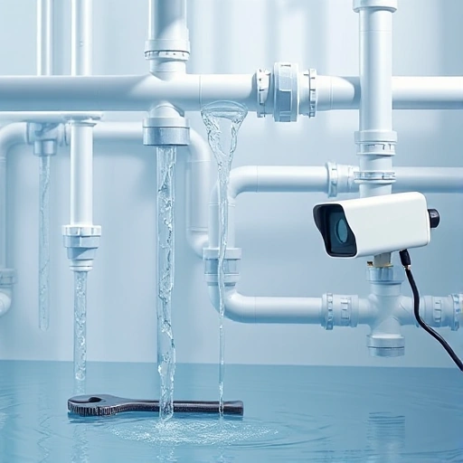 A clean, modern water pipe system with visible water flow, showing preventive maintenance tools like a wrench and inspection camera near the pipes, soft natural lighting, realistic details, no text or symbols