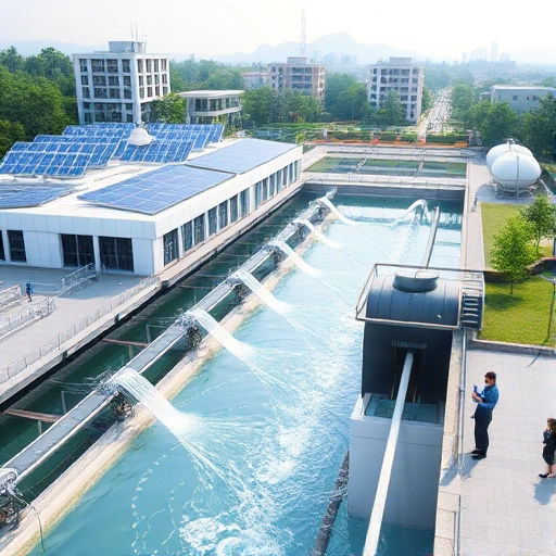A futuristic water treatment plant with solar panels, smart sensors, and clean flowing water in transparent pipes, surrounded by green urban landscape, modern architecture, and people using digital tablets to monitor water quality, soft natural lighting, high detail, realistic yet slightly stylized
