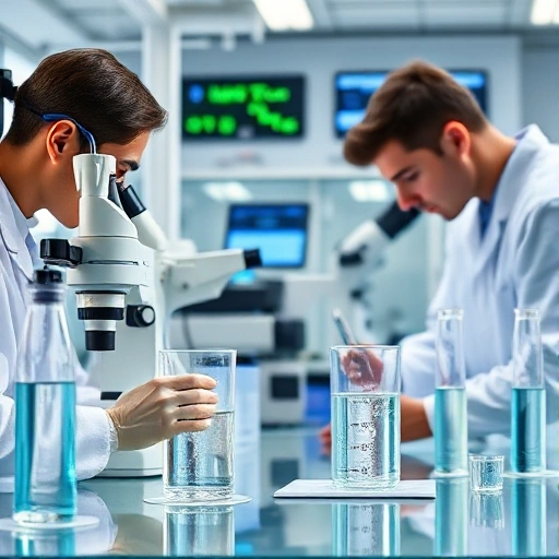 A modern water quality control laboratory with scientists in white coats testing drinking water samples using advanced equipment like spectrometers and microscopes, clear glass beakers with water droplets, digital displays showing purity metrics, clean and professional environment, soft natural lighting, high detail, realistic style