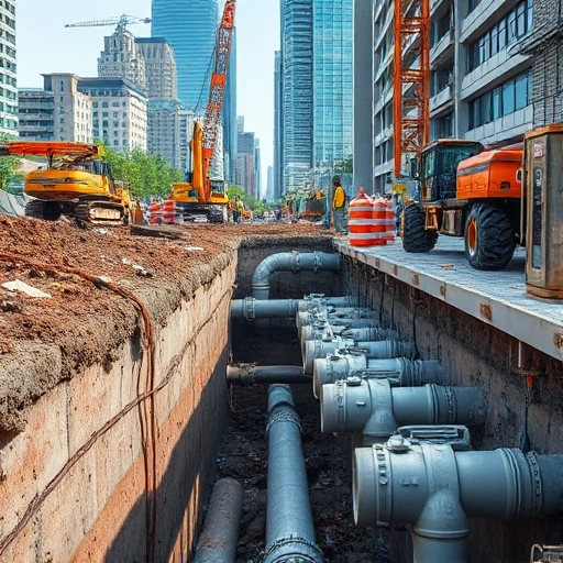 A modern urban construction site showing workers replacing old sewage pipes with new ones, underground trench with visible pipes, construction equipment, safety signs, and city buildings in the background, daylight, realistic details