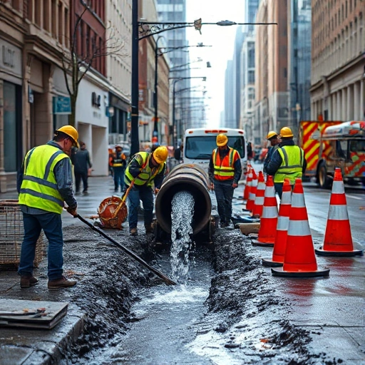 A repair crew fixing a burst water pipe in an urban street during daytime, with tools, excavation site, water gushing from the pipe, workers in safety vests and hard hats, traffic cones and barriers nearby, realistic details of wet asphalt and dripping water