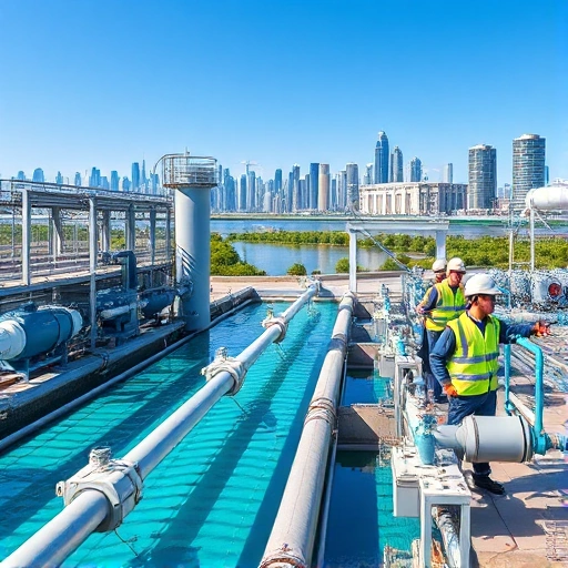 A modern water treatment plant with advanced filtration systems, smart sensors, and digital monitoring displays, showing engineers in high-visibility vests working alongside automated pipelines and solar-powered pumps, set against a clean urban skyline with clear blue water flowing into a reservoir, emphasizing innovation and sustainability in water supply technology