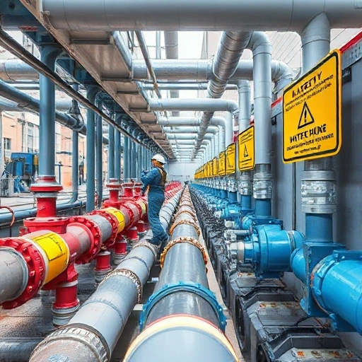 A modern water pipe system with visible maintenance workers inspecting pipes, checking valves, and using diagnostic tools in a clean urban environment, emphasizing preventive measures like regular inspections, leak detection, and corrosion protection, with clear signage for safety and maintenance schedules