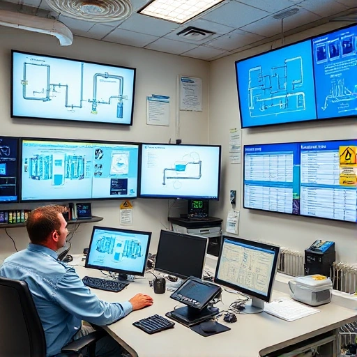 A professional water utility control room with engineers monitoring water supply systems on large digital screens, pipes and valves schematic displays, a dispatcher desk with communication equipment, safety signs, and a shift schedule board showing duty roster, all in a clean, modern, well-lit environment reflecting organized duty service at a waterworks facility