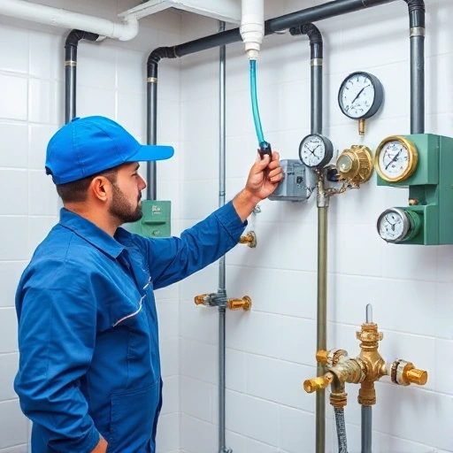 A technician adjusting a water supply system with pipes, valves, and pressure gauges in a clean, well-lit utility room, realistic details, no text or labels visible