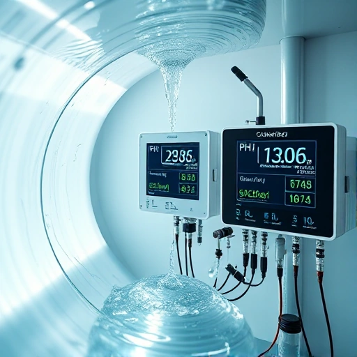 A modern water quality monitoring station with digital displays showing real-time data on pH, turbidity, and chlorine levels, surrounded by clean flowing water in a transparent pipe, soft natural lighting, scientific instruments like sensors and probes visible, no people, no text or labels on screens, minimalist and clean aesthetic
