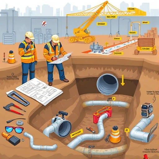 A detailed technical illustration of a sewer system repair planning process, showing engineers reviewing blueprints, underground pipe diagrams with marked sections for repair, tools like inspection cameras and pipe cutters, safety gear, and a construction site in the background with labeled manholes and flow direction arrows, all in a clean, professional, smallHQ style