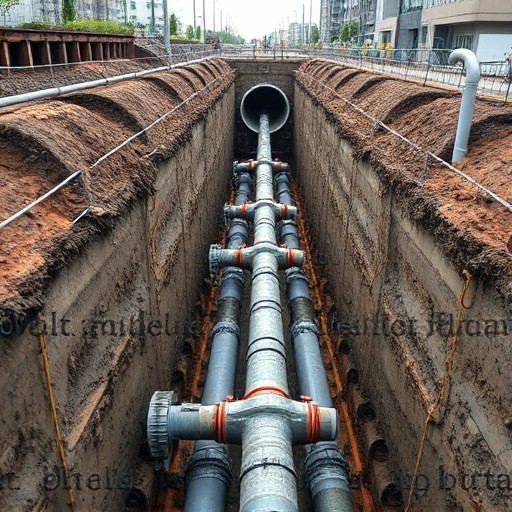 A modern underground sewage system with reinforced pipes, inspection chambers, and maintenance workers checking for leaks, surrounded by soil and urban infrastructure, emphasizing preventive measures against pipe bursts