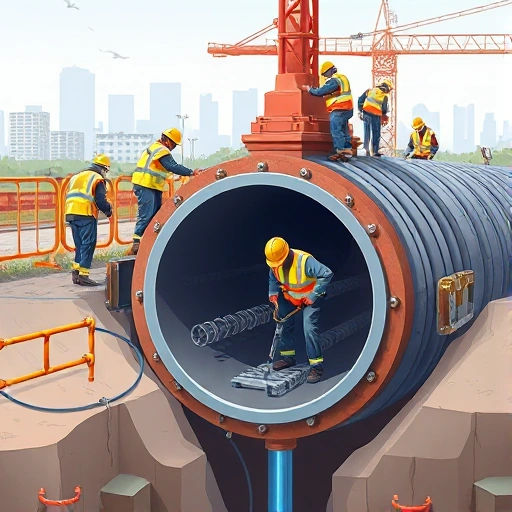A realistic illustration of a team of maintenance workers in bright safety vests and helmets, carefully inspecting and repairing a large underground water main pipe. The scene shows a cross-section of the pipe with visible valves and a technician using a wrench, surrounded by safety barriers and equipment. The background includes a subtle cityscape with buildings and a clear sky, emphasizing a professional and safe maintenance environment.