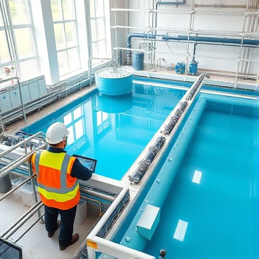 A modern water treatment facility with clear blue water flowing through filtration tanks, engineers in safety gear monitoring control panels, pipes and pumps in operation, clean industrial environment, daylight through large windows, realistic details