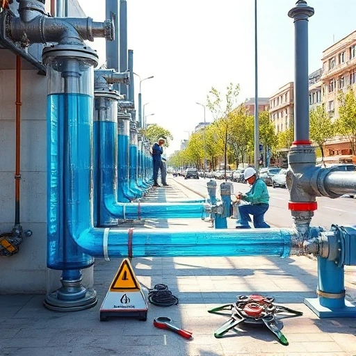 A modern water pipe system with visible maintenance workers inspecting pipes, valves, and joints; clear blue water flowing through transparent sections; safety signs and tools like wrenches and leak detectors on the ground; background shows a clean urban street with trees and buildings under a bright sky; no text, no letters, no digits, no watermarks