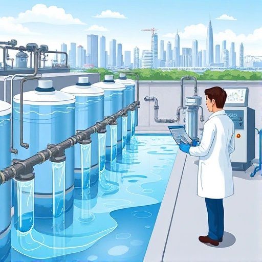 A detailed illustration of a water treatment facility, showing clear water flowing through a series of filtration tanks, sensors and monitoring equipment, a technician in a lab coat observing data on a digital display, with a city skyline in the background, all in a realistic style.