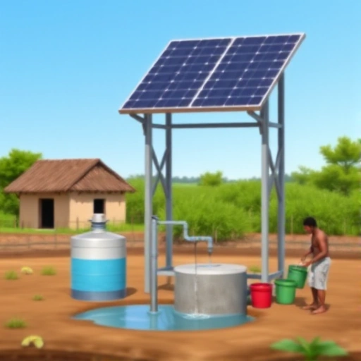 A modern solar-powered water pumping system in a rural village, with solar panels on a metal frame supplying electricity to a submersible pump drawing clean water from a deep well, water flowing into a storage tank and then to a communal tap where villagers collect water in buckets, clear blue sky, green vegetation in background, realistic and detailed illustration