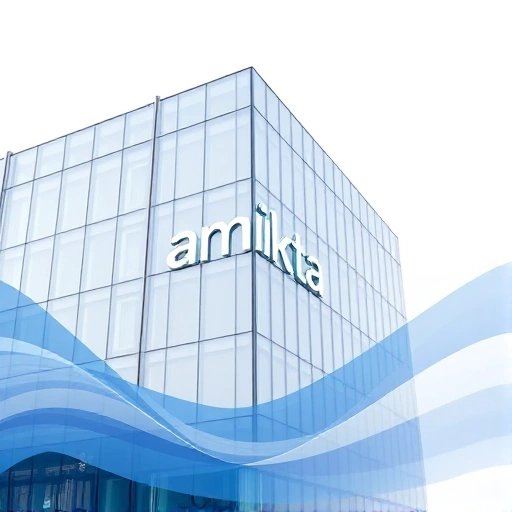 A professional corporate profile image representing the company Amikta, featuring a modern office building with glass facade, subtle company logo integrated into the architecture, abstract flowing lines suggesting innovation and growth, soft blue and white color palette conveying trust and technology, no people, no text, no signs, no watermarks, minimalist and high-quality corporate aesthetic